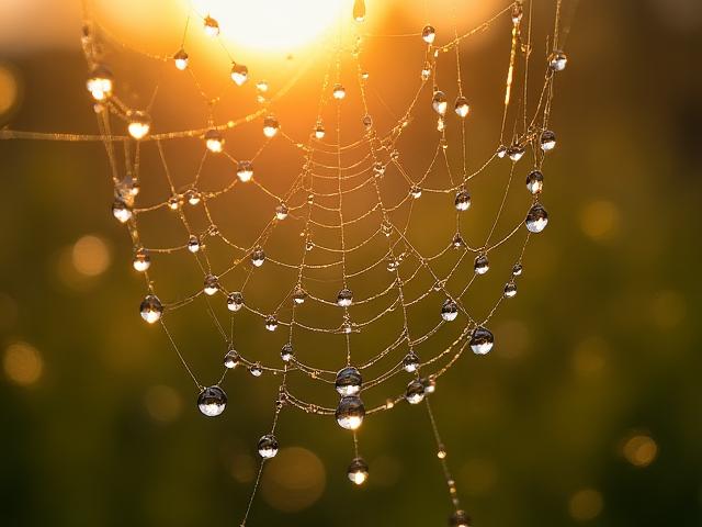 朝露に輝くクモの巣のマクロ撮影
