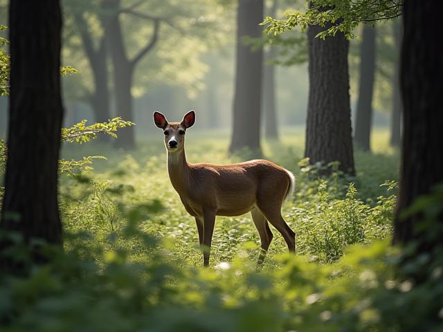 日本の森の中に佇む穏やかな鹿
