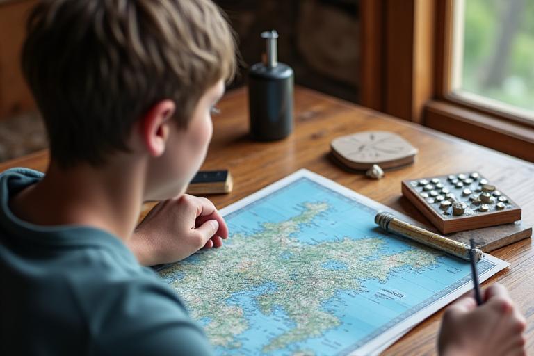 地図とコンパスのある人が、カスタム旅行計画を示唆する計画テーブルに座っている