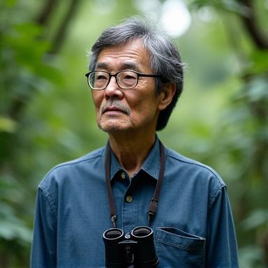 熱心な眼差しで双眼鏡を覗く男性、田中宏のポートレート